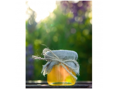 Mini honey jar decorated with linen and jute ribbon