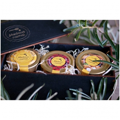 Medaus produktų rinkinys medinėje dovanų dėžutėje (juodos sp.) 2